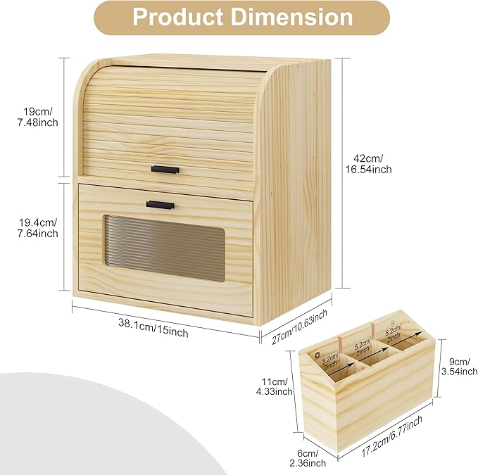 TQVAI Roll Top Bread Box for Kitchen Countertop, Keep Fresh Longer, Easy to Maintenance, Double Layer Vintage Wooden Breadbox with Window for Homemade Bread, Sandwich Loaves, Baked Goods (Wood Color)