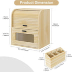 TQVAI Roll Top Bread Box for Kitchen Countertop, Keep Fresh Longer, Easy to Maintenance, Double Layer Vintage Wooden Breadbox with Window for Homemade Bread, Sandwich Loaves, Baked Goods (Wood Color)