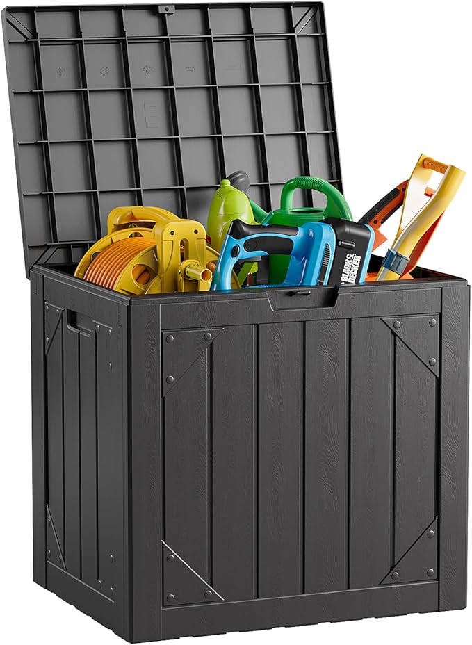 Outdoor Storage Box - 30 Gallon Waterproof Resin Deck Box, Lockable Patio Storage Bench for Package Delivery, Cushions & Garden Tools, UV Resistant (Black)