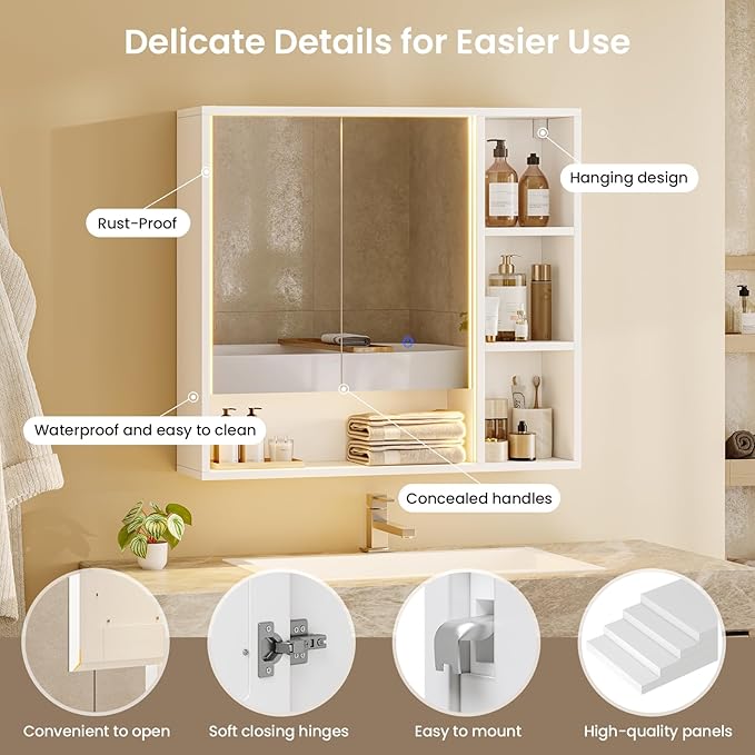 Hasuit Lighted Medicine Cabinet with Mirror and Shelves, Modern Bathroom Medicine Cabinet with Open Storage, Aluminum Channel LED Lights, 31.5'' x 30.7'', White