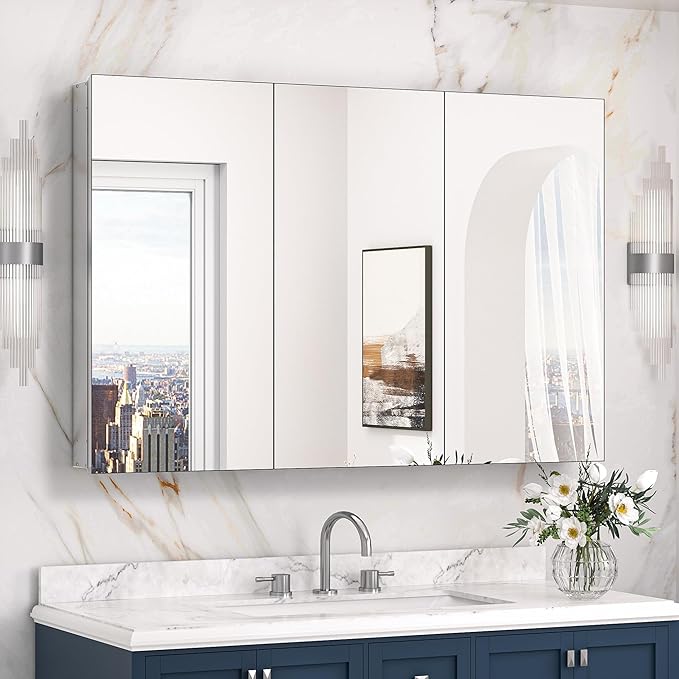 Keonjinn 48 x 32 Inch Oversized Medicine Cabinet for Bathroom with Mirror, Assembly Required, Silver Aluminum Structure, Free Adjustable Shelves, Combined Recessed or Surface Mount Wall Cabinet