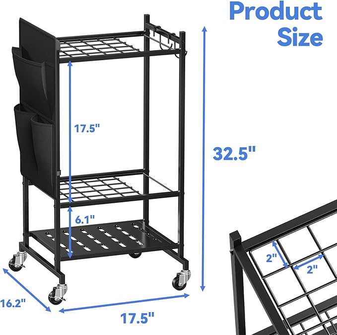 Garden Tool Organizer with Pockets, Rolling Yard Tool Storage Rack with 2 Hooks and Lockable Wheels, Black
