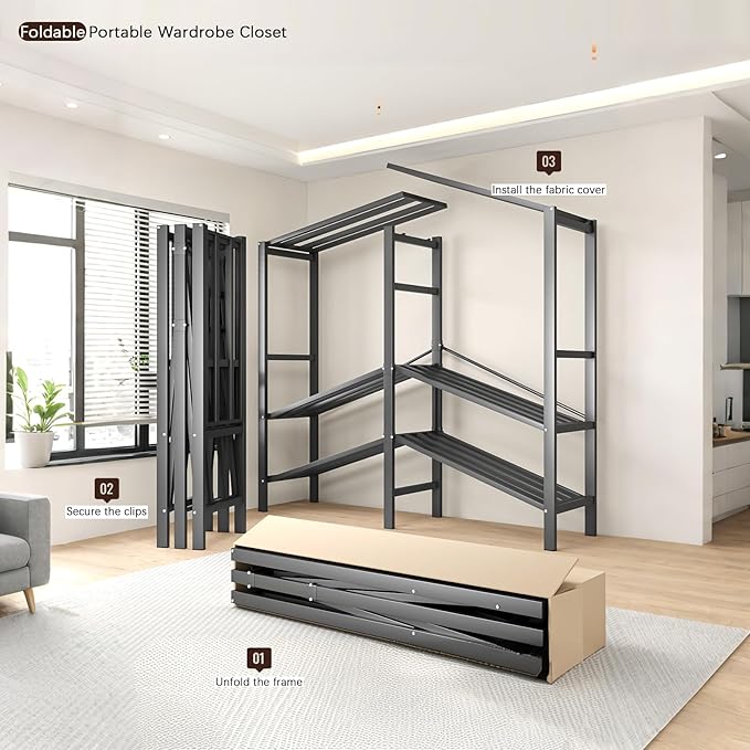 Heavy Duty Portable Closet with Cover Magnetic Doors, Metal Rolling Clothes Rack Heavy Duty 1500LBS, Foldable Clothing Rack, Garment Racks for Bedroom/LivingRoom/Rental (KT Coffee, 70.86in)
