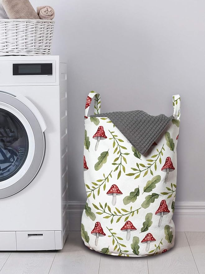Ambesonne Mushroom Laundry Bag, Watercolor Pattern Green Leaves Forest Elements Botanical Woodland Theme, Hamper Basket with Handles Drawstring Closure for Laundromats, 13" x 19", Green Ruby