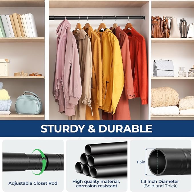 Mavivegue Closet Rod, 17 to 99 Inch Adjustable Closet Rods for Hanging Clothes, Heavy Duty Tension Rod, Black Curtain Rod, for Closet, Wardrobes, Bathroom, Laundry