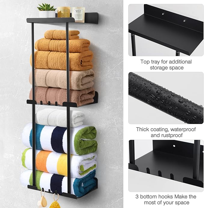 Hommtina Wall-Mounted Towel Rack & Holder - Rust-Resistant Bathroom Organizer with No Drill Installation, Space-Saving Design for Kitchen, Laundry Room (Black)