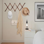 16 inch High Accordion Wall Hanger with 14 Hooks, Wooden Wall Expandable Coat Rack for Coat, Hats, Baseball Caps, Coffee Mug, Jewelry