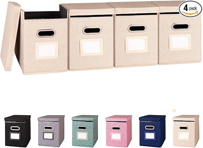 4 Pack Hanging File Folders Organizer with Lid, Letter Size Fabric File Storage Box Collapsible, Portable Office Document Holder with Metal Handle, Smooth PVC Rails, Beige
