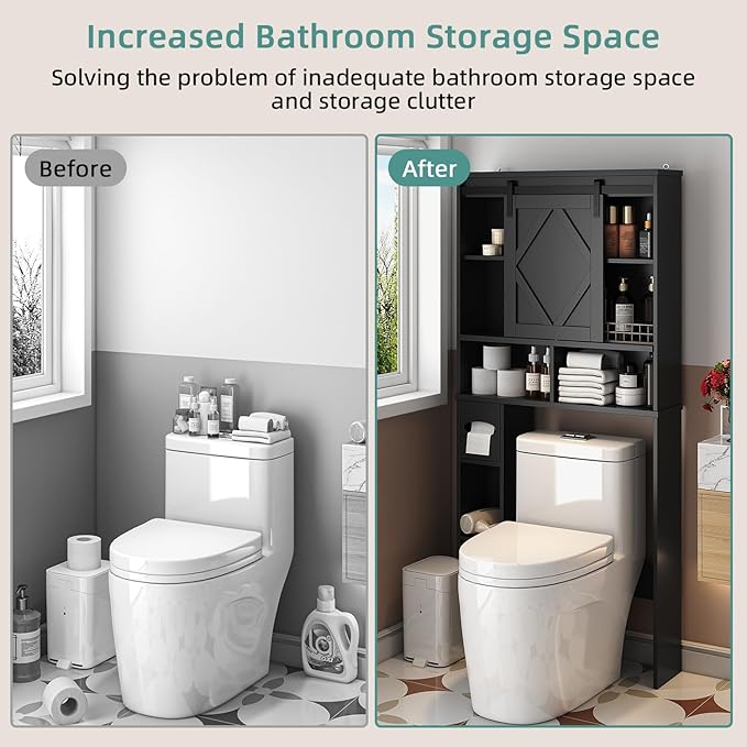 Over the Toilet Storage Cabinet with Farmhouse Sliding Barn Door, Above Toilet Organizer with Toilet Paper Holder Stand, Behind Toilet Shelf, Space Saver for Restroom, Bathroom, Laundry, Black
