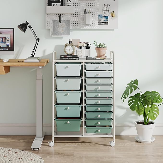LUARANE Rolling Cart with 15 Drawers, Craft Storage Cart with Portable Handles & Lockable Wheels, Mobile Toys Organizer, Large Capacity Utility Drawer Cart Home Office School Teacher (Gradient Green)