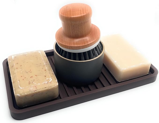 Happitasa Silicone Kitchen Sink Organizer Tray, Sponge Holder and Countertop Protector | Bathroom and Kitchen Soap Dish and Dispenser Tray (Dark Chocolate, 10"x5.25", 10.4 Ounces)