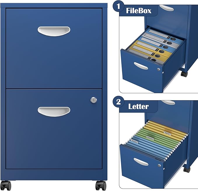 2 Drawer File Cabinet with Lock,Blue Rolling File Cabinet for Home Office,Printer Stand, Metal Small Mobile Filing Cabinets on Wheels for Hanging Letter