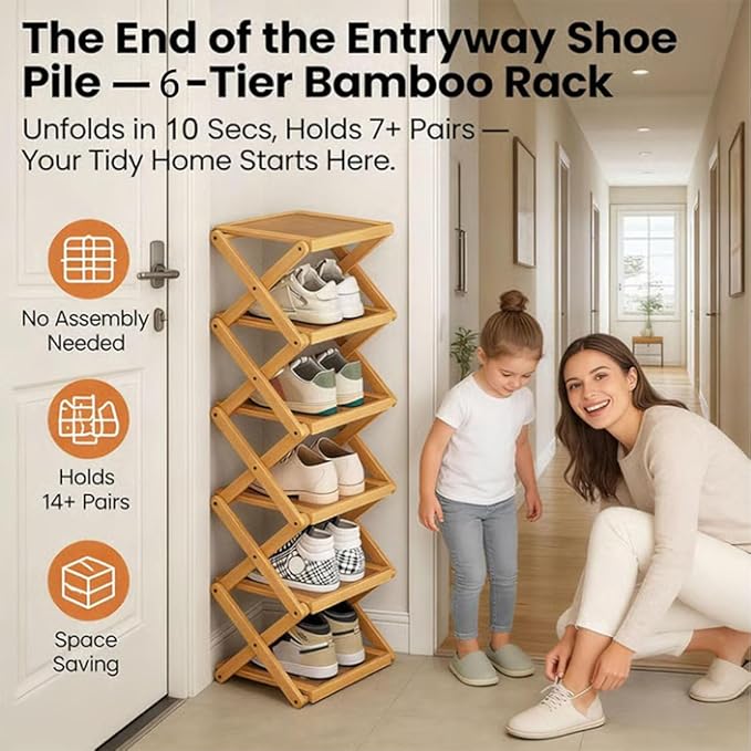 The 9-Tier No-Assembly Bamboo Rack, Foldable Stackable 9 Tier Bamboo Shoe Rack Vertical Storage Sturdy & Stable, Tall Narrow Space-Saving Expandable Shoe Rack for Entryway Closet Dorm (Brown,3 Tiers)