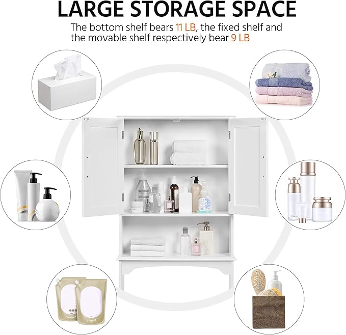Topeakmart Over the Toilet Storage, Toilet Rack with Adjustable Shelf and Double Doors for Bathroom, 3 Shelves, White