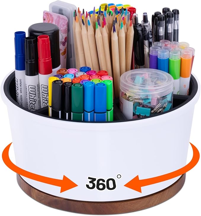 Pen Organizer For Crayon Marker Color Pencil, Lazy Susan Art Supply Storage Organizer, Pen Holder For Desk School Office Home White & Black