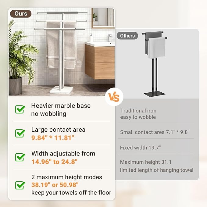ELYKEN Standing Towel Racks for Bathroom, 3-Tier Floor Towel Holder Stand with Weighted Marble Base, Freestanding Bath Towel Rack, Width Adjustable & Stainless Steel Brushed Finish