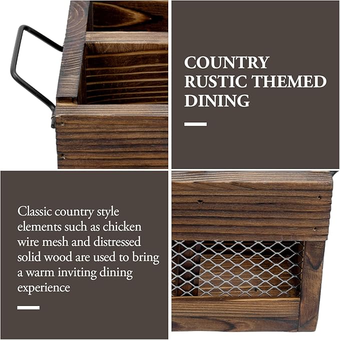 MyGift Rustic Brown Wood Utensil Holder and Napkin Rack with Black Metal Carry Handles and Chicken Wire Front Panel, Dining Flatware Cutlery Storage Caddy