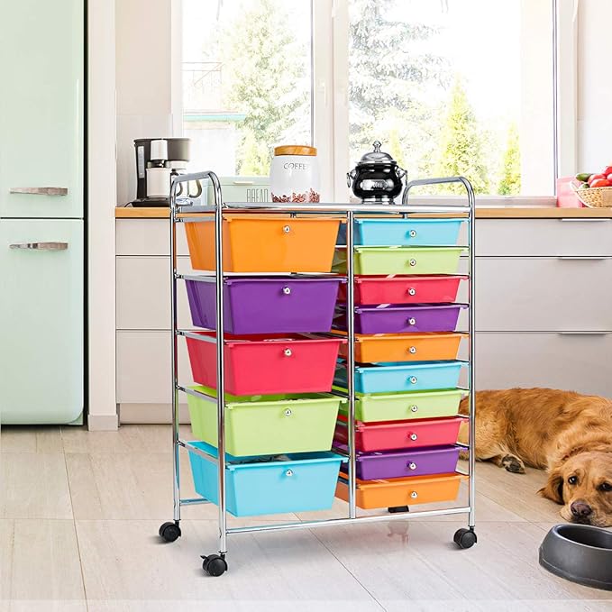 RELAX4LIFE 15 Drawer Rolling Storage Cart, Mobile Drawer Carts for Craft Art Supply Paper Salon, Utility Cart on Wheels for Classroom Teacher School Office, Rolling Cart with Drawers (Multi-Color)