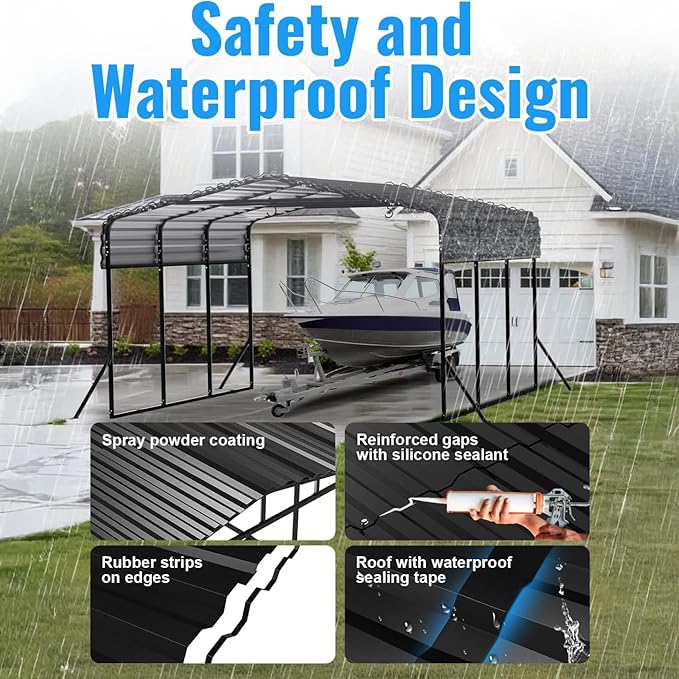 10x15FT Metal Carport, Heavy Duty Carport with Reinforced Frame & Side Support Poles for All-Weather, Outdoor Car Port Suitable for Parking Pickup, Boat, Car, and Tractor