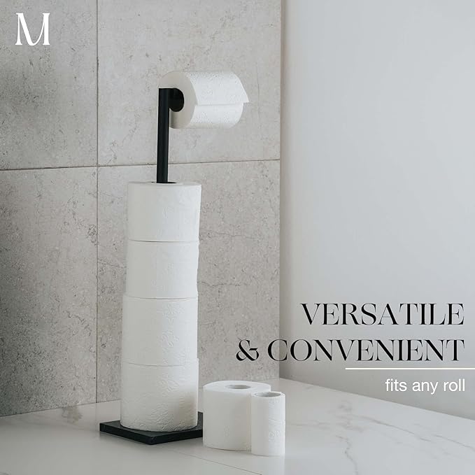 MARMOLUX ACC Free Standing Matte Black Toilet Paper Holder Stand Black Marble Base and Storage - 4 Jumbo Roll Bathroom Hardware Toilet Paper Stand - Stainless Steel Standing Toilet Paper Holder