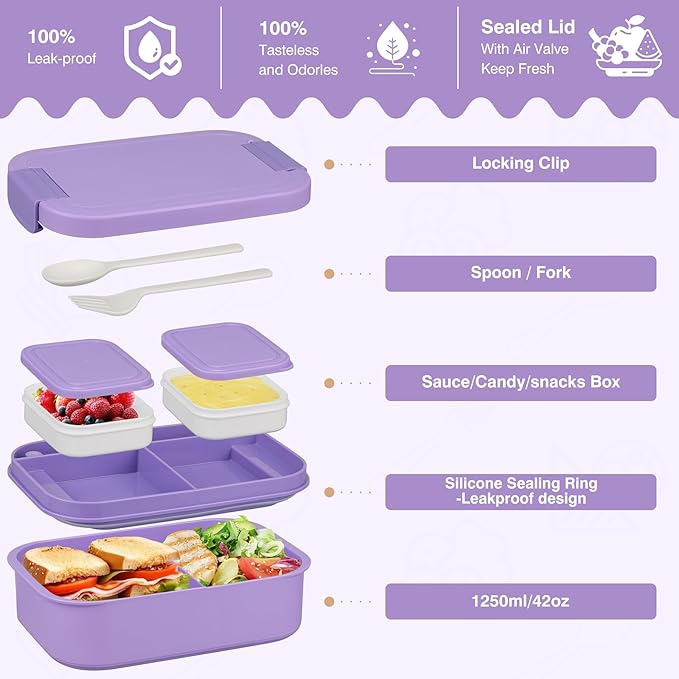 Bento Lunch Box Set with 10.5oz Soup Thermo Food Jar for Adults Kids, Stainless Steel Leak-proof Lunch Container with 4 Compartment, Coffee Tumbler with Lunch Bag for School Travel Office-Purple
