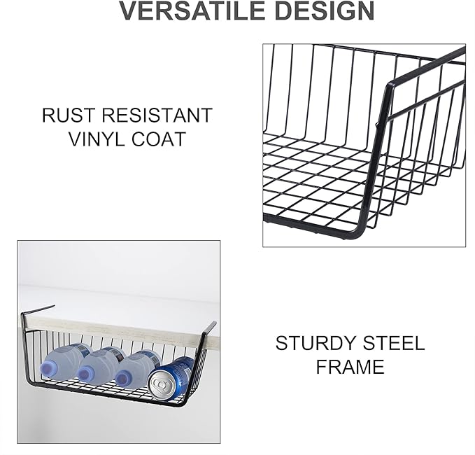 Under Shelf Basket, 2 x Medium Metal Wire Kitchen Storage Basket, Space Saving Sliding Organizer for Pantry, Cabinet & Closet Shelves, 22 lb Capacity, White