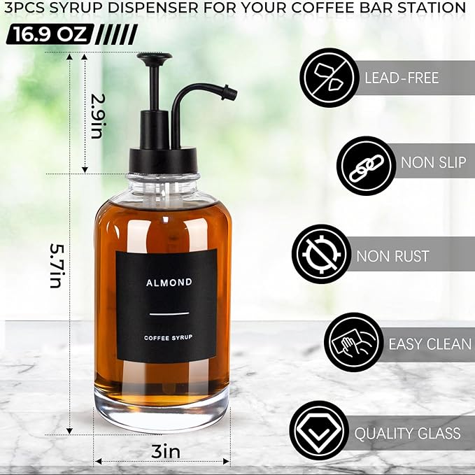 Coffee Syrup Dispenser for Coffee Bar, Set of 3 Simple Glass Syrup Bottle w. Pump and Labels, 16.9 oz 500ml Syrup Pump Dispenser, Syrup Dispenser w. Tray & Coffee Scoop