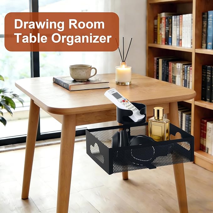 Under Desk Organizer 360° Swivel with Cup Holder, Clamp-On No Drill Installation, Sturdy Mesh Storage Drawer for Office,Drawing Room and Kitchen Room,Art Supplies and More (Black) (with Cup Holder)