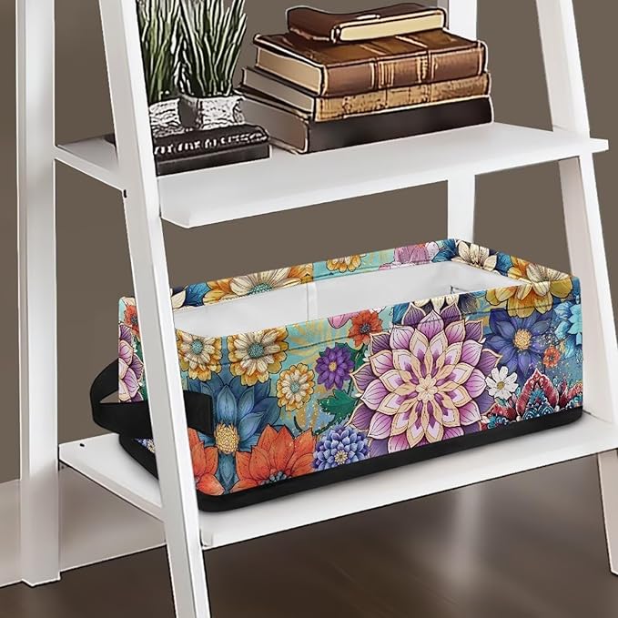 Toilet Paper Basket Foldable Organizer Multi-functional Storage Bin Office Organization Fabric Basket with Handles for Bathroom Kitchen Living Room Decor, Boho Flower Print