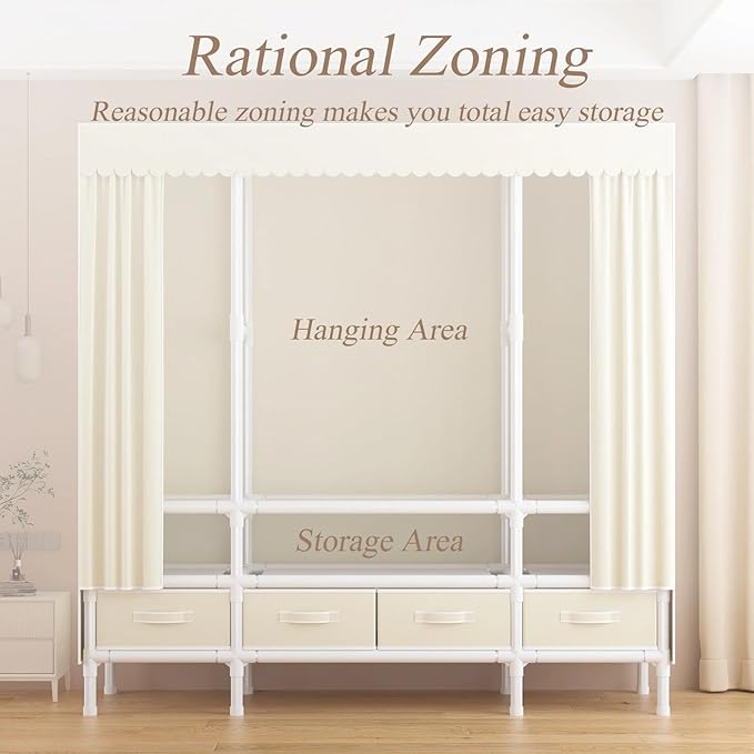 Portable Closet,Garment Rack,Heavy Duty Clothes Rack with Cover,Wardrobe Closet with 3 Hanging Rods, 6 Storage Shelves and 4 Drawers,55.1" L x 17.7" W x 67.7" H,Pale Yellow