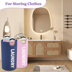 2Pcs Folding Laundry Basket for Adult, 95L Portable Laundry Baskets with Aluminum Handles, Multi-functional Dirty Clothes Hampers for Bedroom, Travel, Navy Blue + Pink