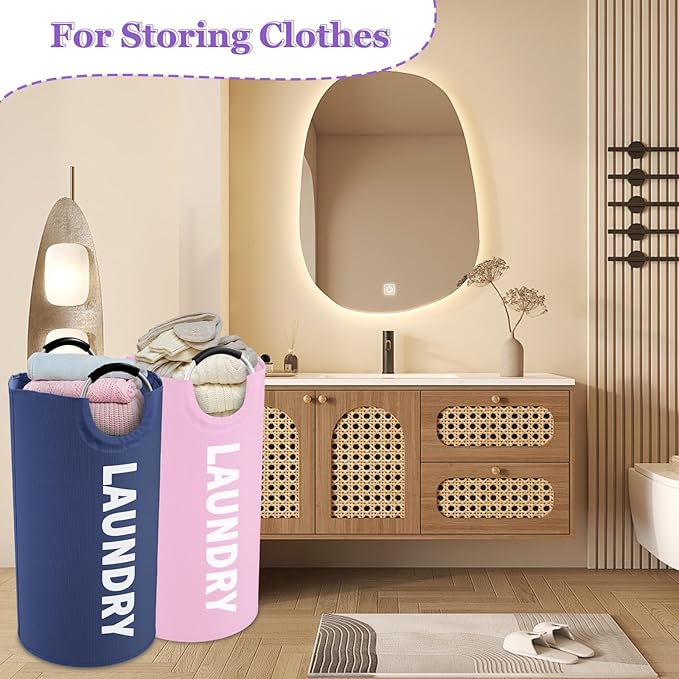 2Pcs Folding Laundry Basket for Adult, 95L Portable Laundry Baskets with Aluminum Handles, Multi-functional Dirty Clothes Hampers for Bedroom, Travel, Navy Blue + Pink