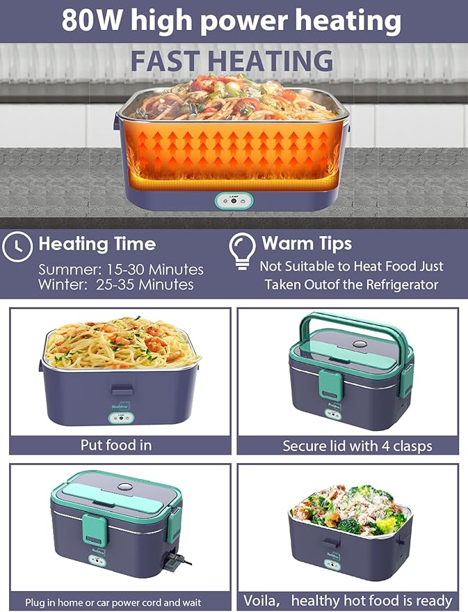 Buddew Electric Lunch Box for Adults, 80W Heated Lunch Box 1.8L Stainless Steel Portable Food Warmer,12/24/110V Lonchera Electrica Portatil for Travel & Work, Loncheras para Hombres de Trabajo