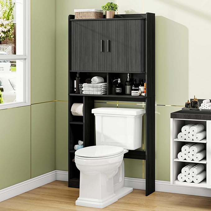 Over The Toilet Storage Cabinet,Farmhouse Toilet Cabinet Rack with 2 Tambour Sliding Doors and Toilet Paper Holder Stand，Toilet Shelf Space Saver with Towel Rack for Bathroom, Restroom,Black Laundry