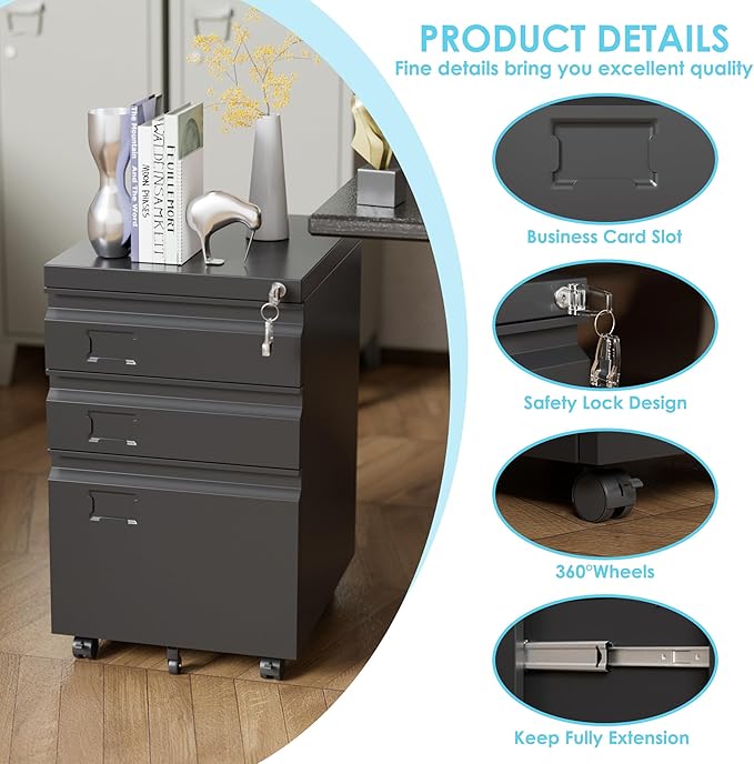 Aobabo 3 Drawer Metal File Cabinet with Lock, Heavy Duty Under Desk Rolling Filing Cabinet for Home Office Organizer, Mobile Pedestal with 5 Wheels for Letter and Legal Size, Black,Required Assembly