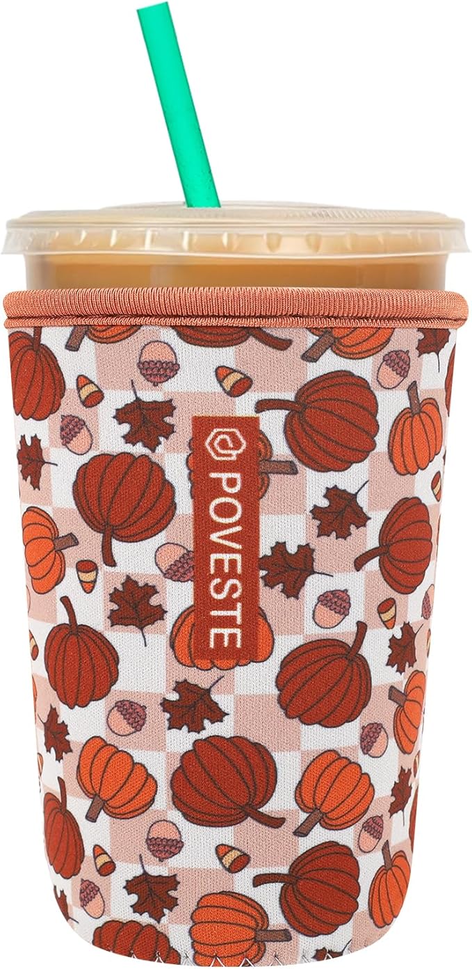 Reusable Neoprene Insulator Sleeve for Iced Coffee & Cold Soda, Coffee Sleeves for Iced & Hot Drinks, Cold Beverage Cooler Compatible with Starbucks, Dunkin (Checkerboard Pumpkin, Medium: 22-24oz)