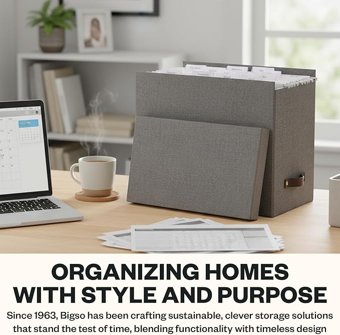 Bigso John Desktop File Box - Storage Solution and Document Organizer for Important Paperwork - Durable Hanging File Box with a Lid and Leather Handle - 7.36 in x 13.26 in x 10.51 in - Grey