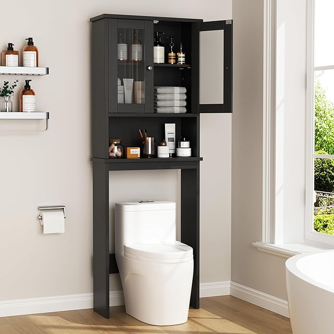Walsunny Over Toilet Storage Cabinet, BathroomShelf Organizer Over Toilet, Washing Machine Box, Space Saver with Adjustable Decorative Racks（Black）