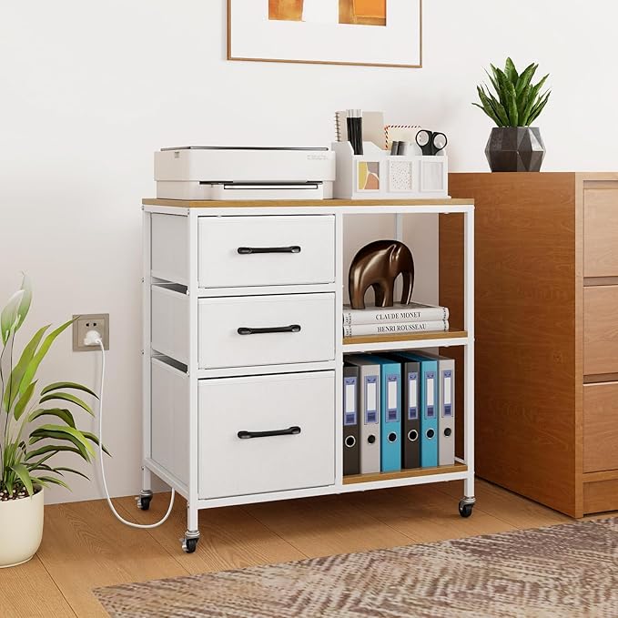 Giantex File Cabinet, Printer Stand with Storage, 3 Fabric Drawers, Open Storage Shelves, Charging Station, 4 Rolling Wheels (2 Lockable), Lateral Filing Cabinet for Home Office Organization (White)