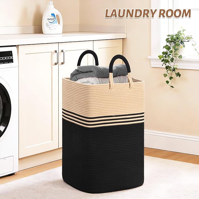 Laundry Basket Hamper,Blanket Storage,Dirty Clothes Hamper with Swivel Handles,Woven Cotton Rope Toy Baskets,Blanket Basket Living Room,Decorative Hampers for Nursery,Bedroom,Brown & Black,80L