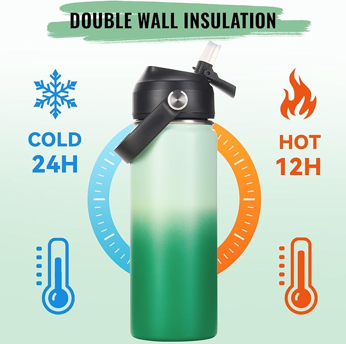 18oz Insulated Stainless Steel Water Bottle, Wide Mouth Double Wall Vacuum, Silicone Straw, Sweat & Leak Proof, BPA Free Insulated Water Flask for Travel, Green Gradient