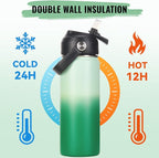 18oz Insulated Stainless Steel Water Bottle, Wide Mouth Double Wall Vacuum, Silicone Straw, Sweat & Leak Proof, BPA Free Insulated Water Flask for Travel, Green Gradient