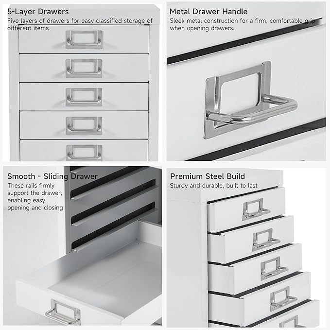 Office Storage Cabinet - File Cabinet Mini 5 Tier Metal File Organizer Document Organizer, for Home, Office, Desk (White)