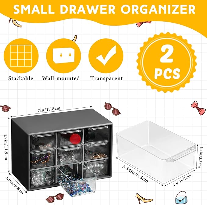 Wenqik 2 Pcs Mini Storage Drawers Teacher Toolbox Organizer with 9 Clear Drawers Small Plastic Desktop Teacher Desk Craft Organizer for Classroom Office 7" x 3. 9" x 4. 7"(Black)