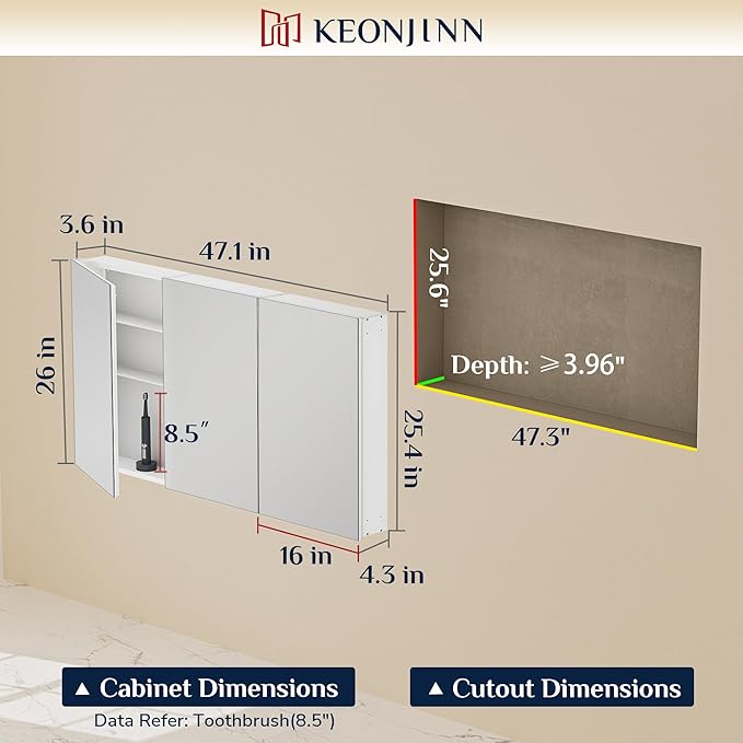 Keonjinn 48 x 26 Inch Medicine Cabinet, Assembly Required, White Bathroom Medicine Cabinets Mirror, Lightweight, Adjustable Shelves, Surface Mount or Recessed, Tempered Glass