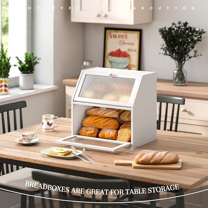 Bread Box for Kitchen Countertop Bin Double Layer Bread Box Storage Container Extra Large Capacity with Diamond Pattern Windows (White, Extra Large)