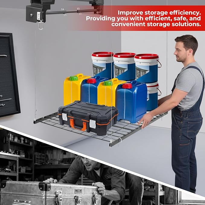 TBVECHI Overhead Garage Lifting Storage Rack, 4x4 Ft Heavy-Duty Metal Garage Ceiling Rack, Storage Organizer System with 96''L Adjustable Height, 250lbs Weight, Matte Black