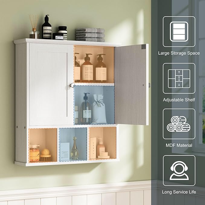 Bathroom Wall Cabinet, Cabinet Wall Mount Organizer Shelf for Toiletries, Towels & Essentials – Waterproof MDF, Space-Saving Bathroom Storage, White