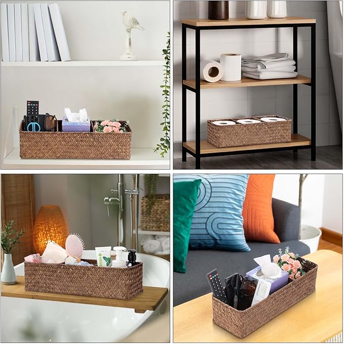Hipiwe Handwoven Wicker Storage Box 3 Sections Seagrass Basket Bin Toilet Paper Holder for Bathroom Shelf Organizer for Kitchen Living Room, Coffee Color