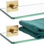 KOKOSIRI Floating Wall Shelf 16-Inch Bathroom Tempered Glass Shelves Shower Rack Kitchen Storage Home Decor, 2 Pack Gold Stainless Steel B1107BG-L16-P2